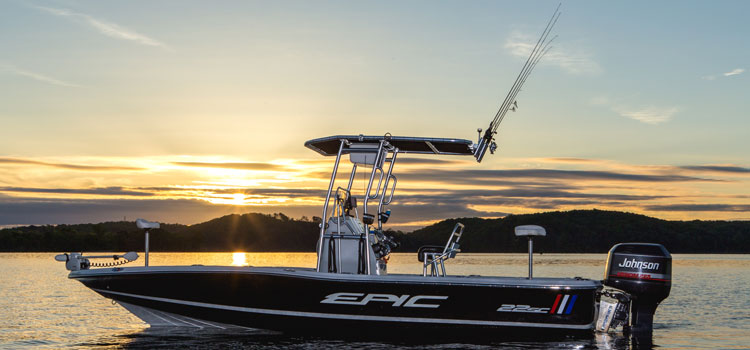 fishing boat with accessories such as a t-top and rod holders